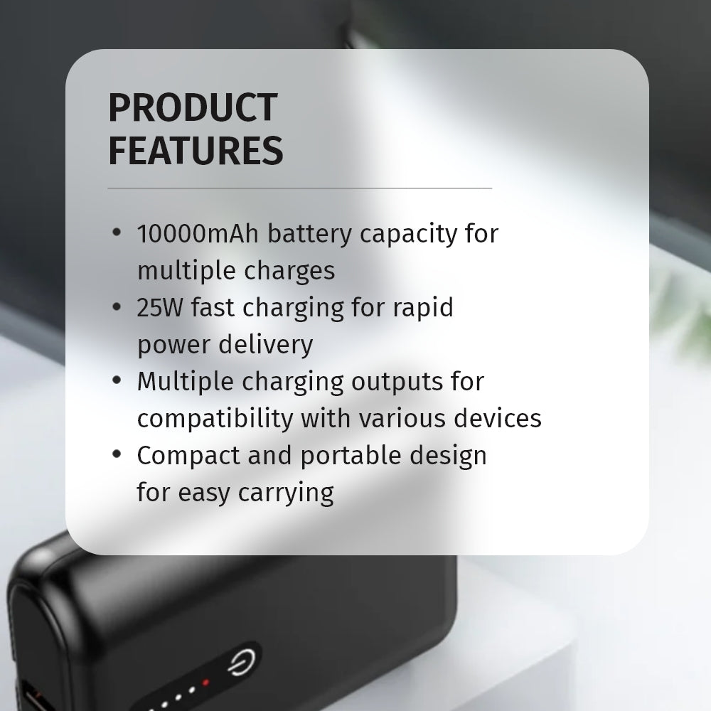 Digimate Pocket Size Power Bank 10000mAh|Type-C Input (2-Way Port) 22.5W Fast Charging, Fast Charging Power Bank (Black) - (DGMGO5-009)
