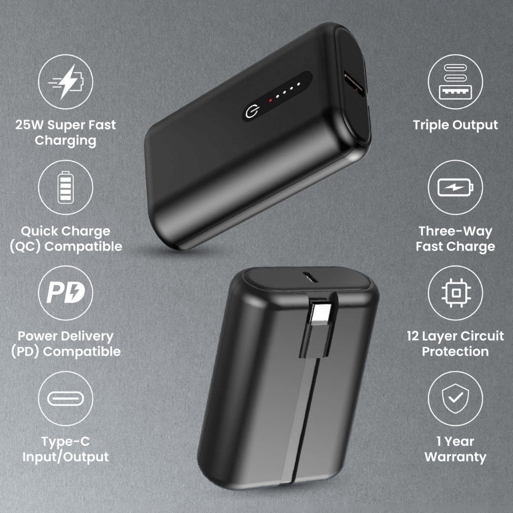 Digimate Pocket Size Power Bank 10000mAh|Type-C Input (2-Way Port) 22.5W Fast Charging, Fast Charging Power Bank (Black) - (DGMGO5-009)