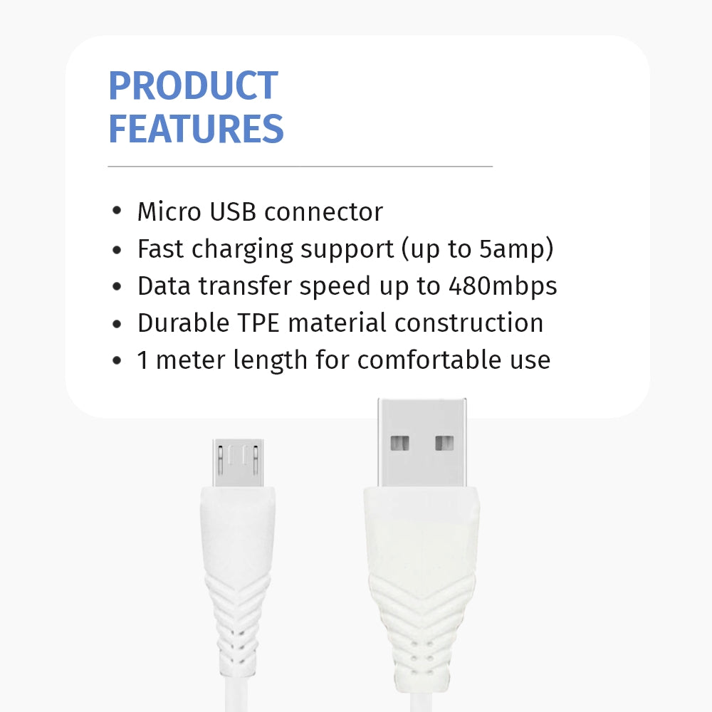 DIGIMATE Micro USB Cable With 5 AMP Output For Charging & Data Transfer (DG-TCC-1001, White)
