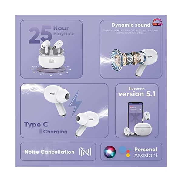 EKKO Earbeats T05 TWS: 25 Hrs Playtime, ENC Call Noise Cancellation, Twin Connect, 10MM Driver, Massive Bass, Water Resistance, Siri & Google Assistant (White)
