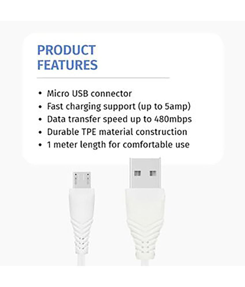 Pack of 2 - 3 Amp Micro USB Cable 1m | Unbreakable & Durable | Quick Charge | High-Speed Data Transfer | Compatible with Mobile Devices (White)