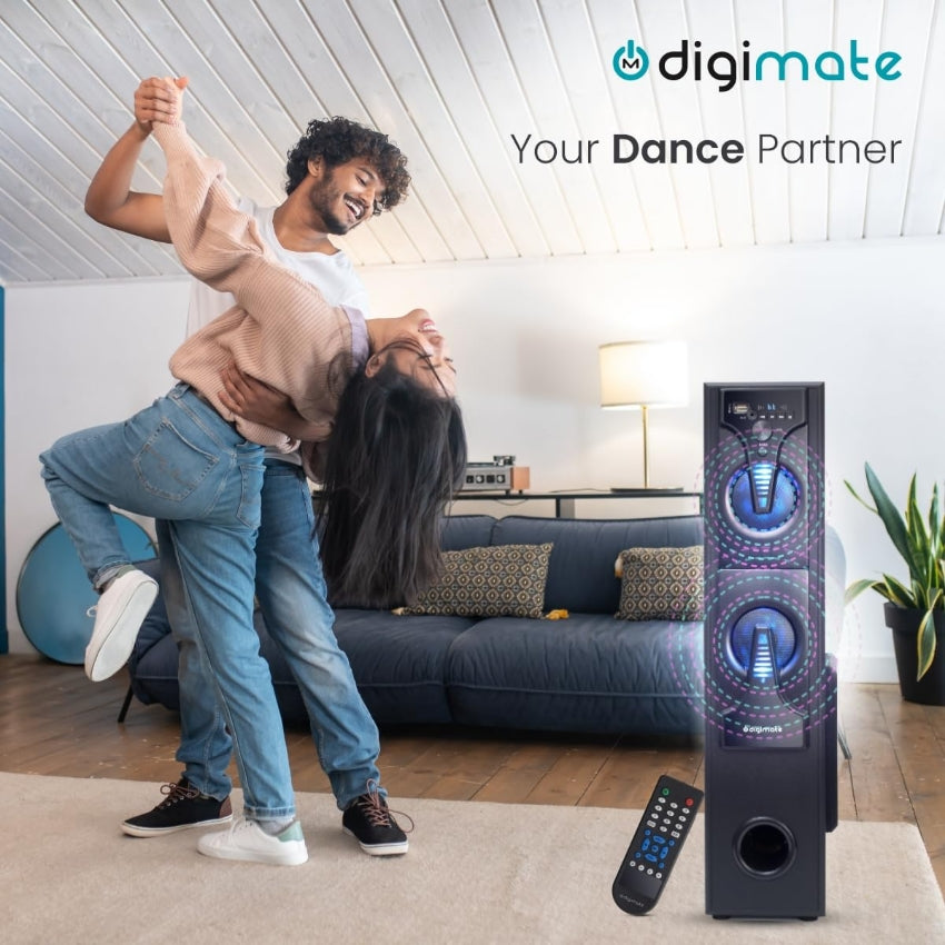 Digimate DG-TS01 60W Bluetooth Tower Speaker Wooden Cabinet, 5.25" Subwoofer, 3.0" Speaker, LED Display+Light, USB, FM, Full Control Remote with BT & Wired Karaoke Mic Support (Black, Stereo Channel)