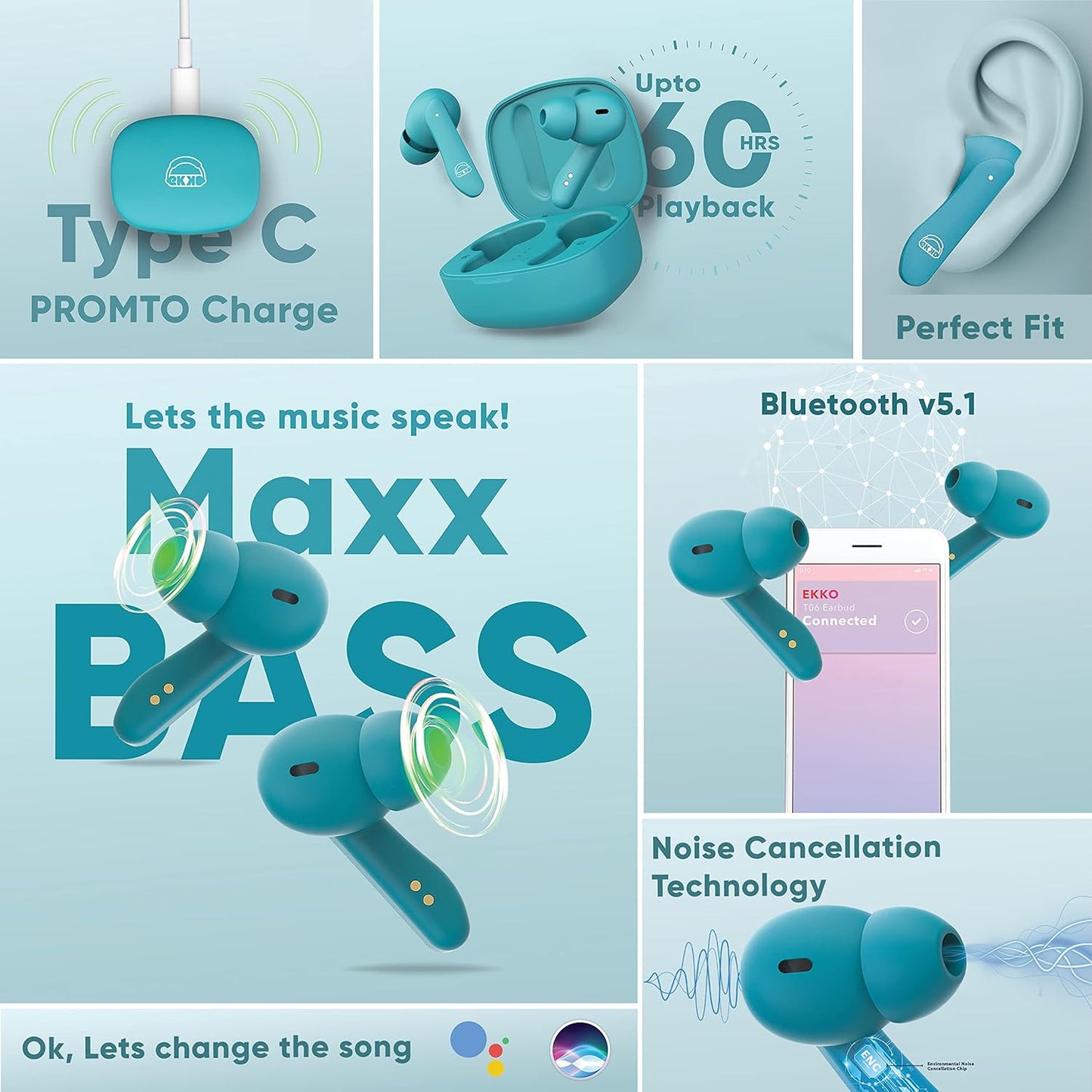 EKKO Earbeats T06: 10MM Driver, ENC Call Noise Cancellation, Touch Control, Massive Bass, IPX4 Water Resistancel TWS, Upto 60H Playtime, with Mic, Massive Bass, IPX4 Water Resistance (Green)