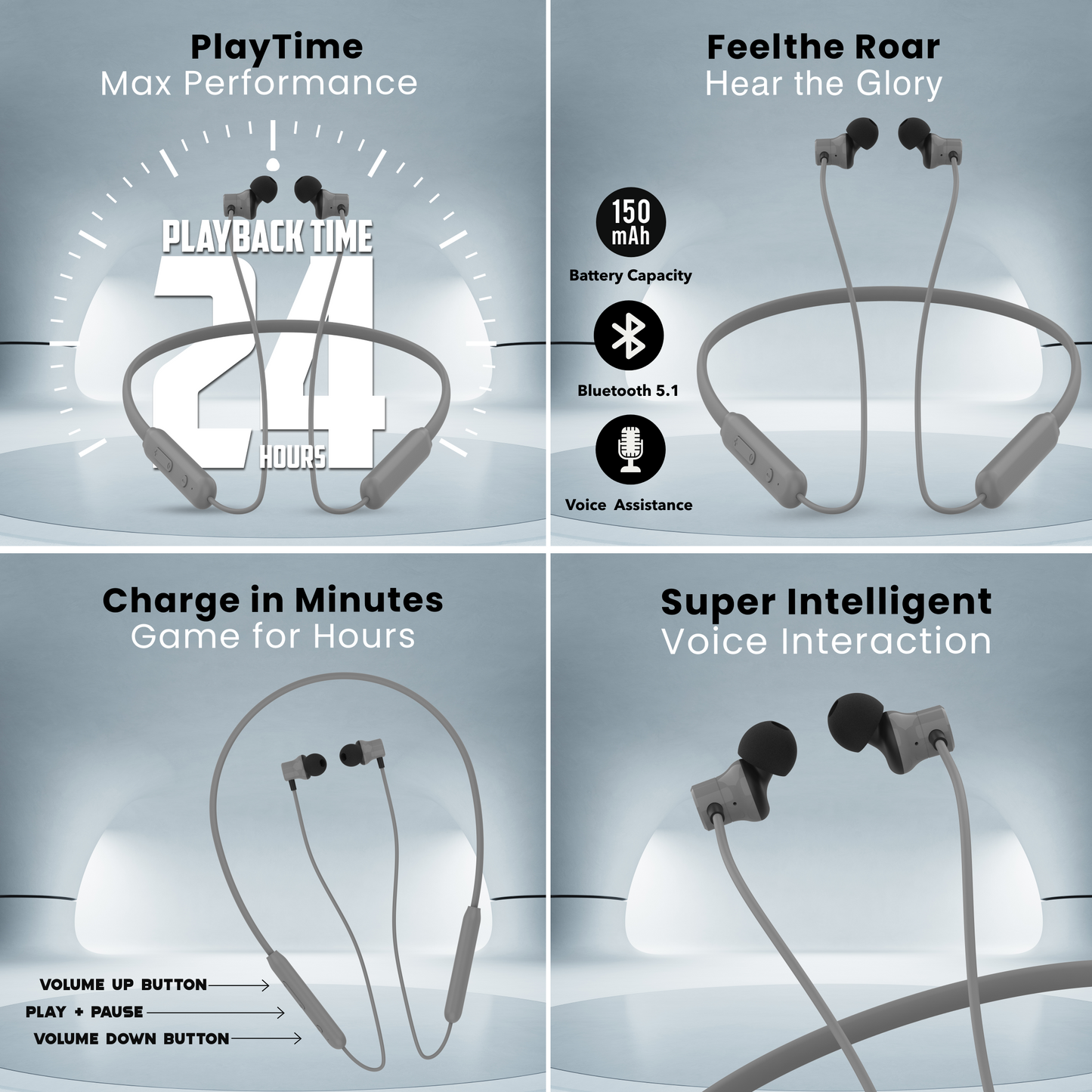 Digimate Gabbar 24Hours Playtime Wireless Bluetooth Neckband, Bluetooth 5.1, Fast Type-C Charging With Mic & Voice Assistant, IPX2 Waterproof (DG-NB-1011, Grey)