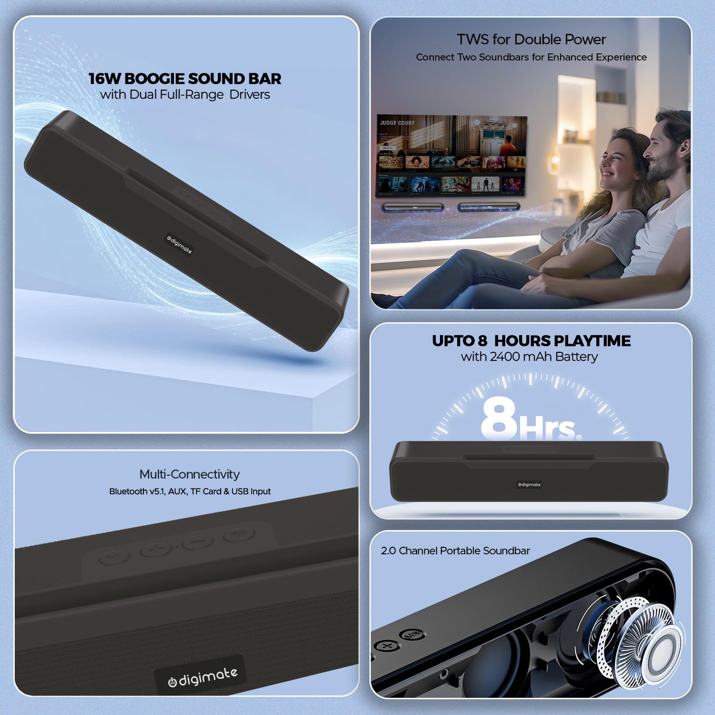BOGO Offer: Boogie D1600 16W Bluetooth Speaker Bar System & Get Digimate Budmax True Wireless Earbuds FREE