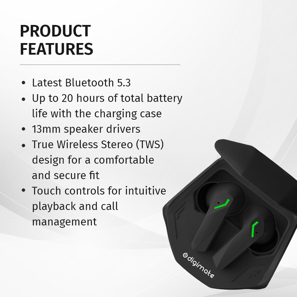 DIGIMATE Powerpods Earbud With LED Light Charging Case 20 Hours Playtime, Water Resistance, Siri/Google Supoort (Black, DGMGO5-004)