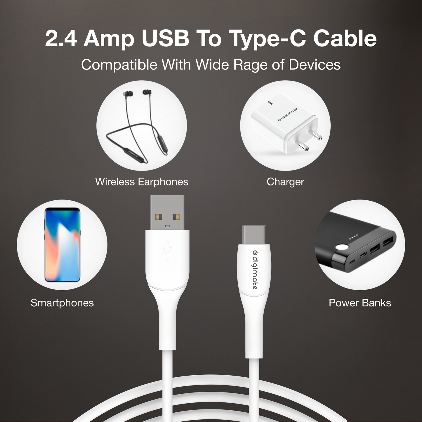 Digimate Quick Dual Port Charge 15W Wall Charger With Type C Cable (White-DG-ADP-1002)