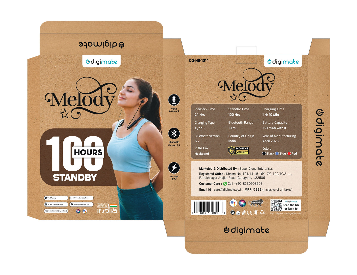 Digimate Melody Wireless Neckband, 100Hrs Standby, Bluetooth 5.2, Type-C Fast Charging, Voice Assistant Support (DG-NB-1014) with FREE Thudd Earbuds!! Limited Time Offer!