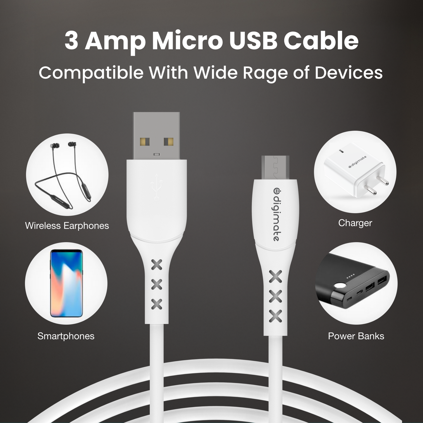 Digimate 3 Amp Micro USB Cable 1m | Unbreakable & Durable | Quick Charge | High-Speed Data Transfer | Compatible with Mobile Devices (DG-DC-M-1001, White)