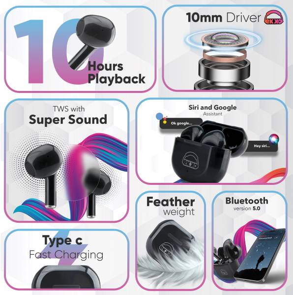 EKKO Earbeats T02: 10H Playtime, Siri & Google Assistant, Type C, 10MM Drivers, Mass Bass, Bluetooth 5.0, Ultimate Comfort (Black)