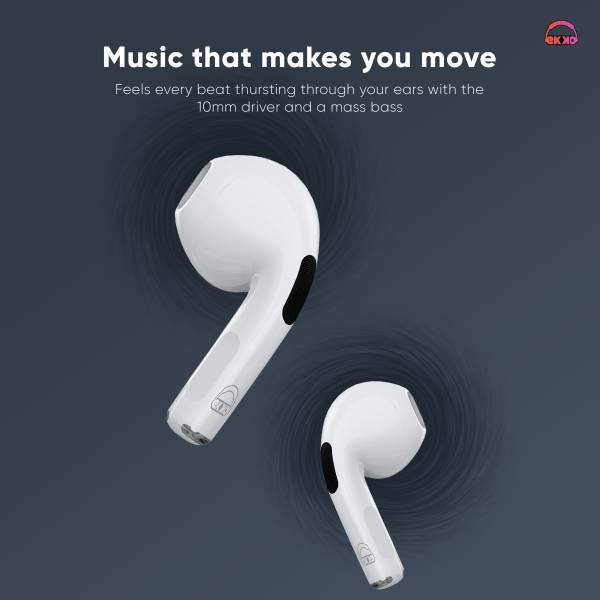 EKKO EARBEATS T03 TWS: 20-Hour Playback, Rich Sound, Twin Connect, Type C Charging, Siri & Google Assistant (White)