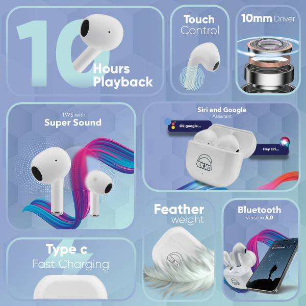 EKKO Earbeats T02: 10H Playtime, Siri & Google Assistant, Type C, 10MM Drivers, Mass Bass, Bluetooth 5.0, Ultimate Comfort (White)