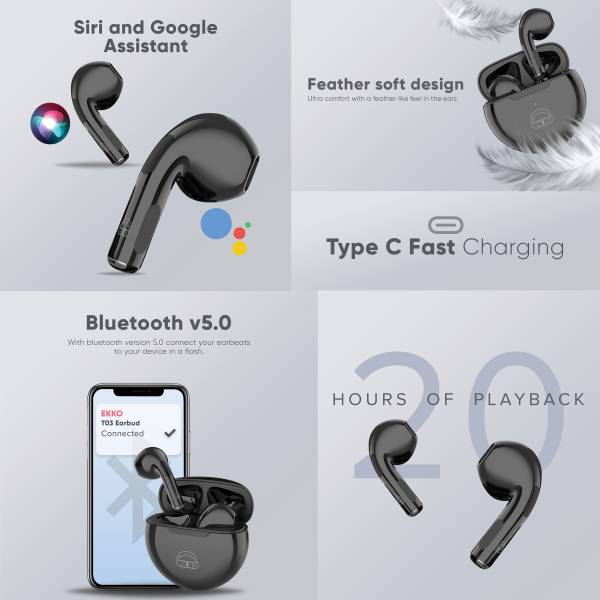 EKKO EARBEATS T03 TWS: Rich Sound, Twin Connect, Type C Charging, Siri & Google Assistant (Black)
