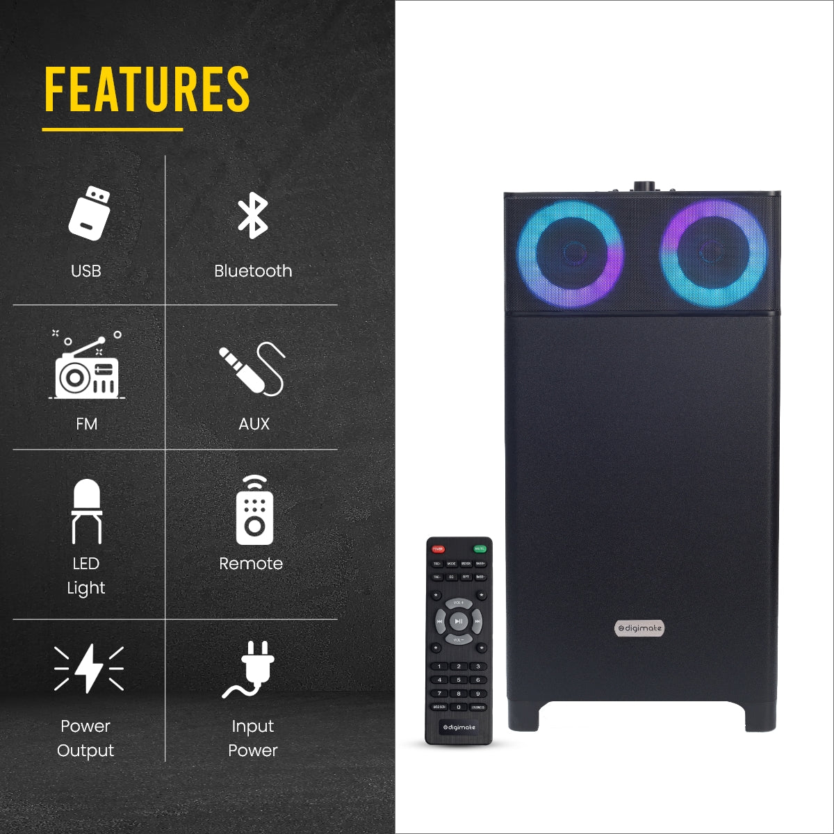 Digimate DG-BB01 Boombox 80 Watt Powerful Tower Speaker 6.5" Woofer High Power Bass, 4.0" Speaker, AUX, USB, LED Lights+Display, BT+ Wired Karaoke Mic Support, Full Remote Control (Platinum Black)