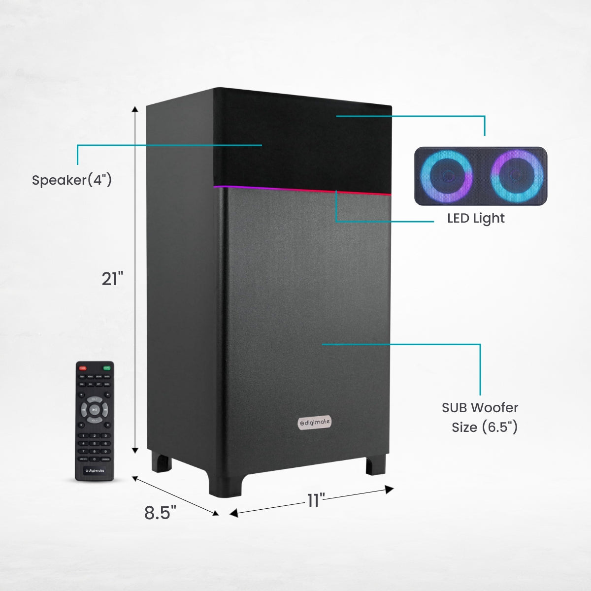 Digimate DG-BB01 Boombox 80 Watt Powerful Tower Speaker 6.5" Woofer High Power Bass, 4.0" Speaker, AUX, USB, LED Lights+Display, BT+ Wired Karaoke Mic Support, Full Remote Control (Platinum Black)