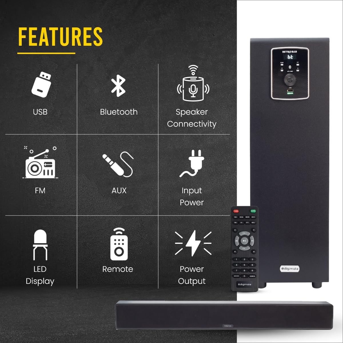 Digimate DG-SB01 100W Bluetooth Soundbar | 2.1 Channel Home Theatre |Deep Bass from 5.25� Subwoofer |BT v5.3, AUX, USB Connectivity | 4 EQ Modes | Sleek Remote & LED Display (Platinum Black)