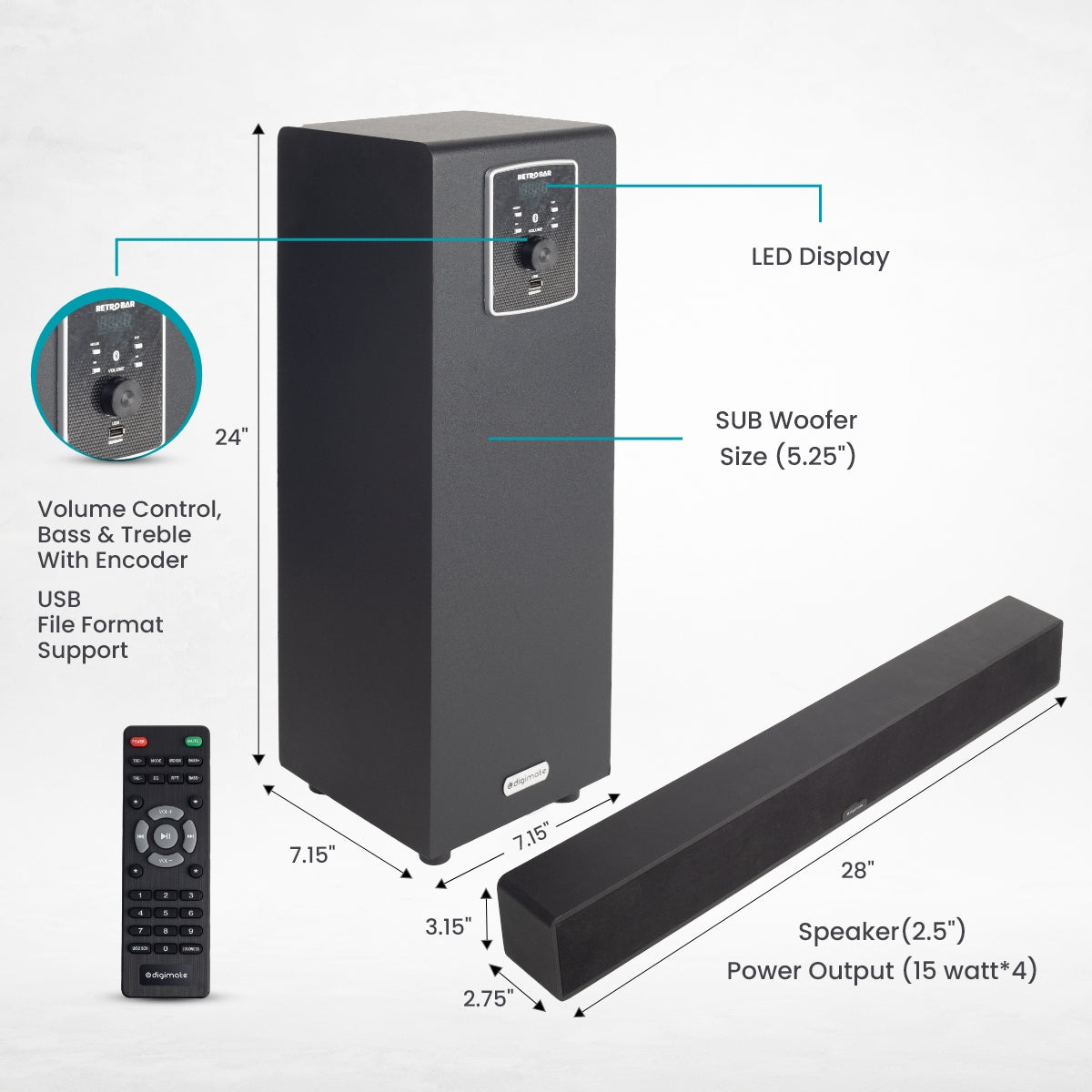 Digimate DG-SB01 100W Bluetooth Soundbar | 2.1 Channel Home Theatre |Deep Bass from 5.25� Subwoofer |BT v5.3, AUX, USB Connectivity | 4 EQ Modes | Sleek Remote & LED Display (Platinum Black)