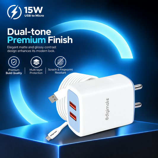 Digimate Dual Port 15W Fast Charging Adapter With Micro USB Cable (DG-DPC-V-C-1001, White)