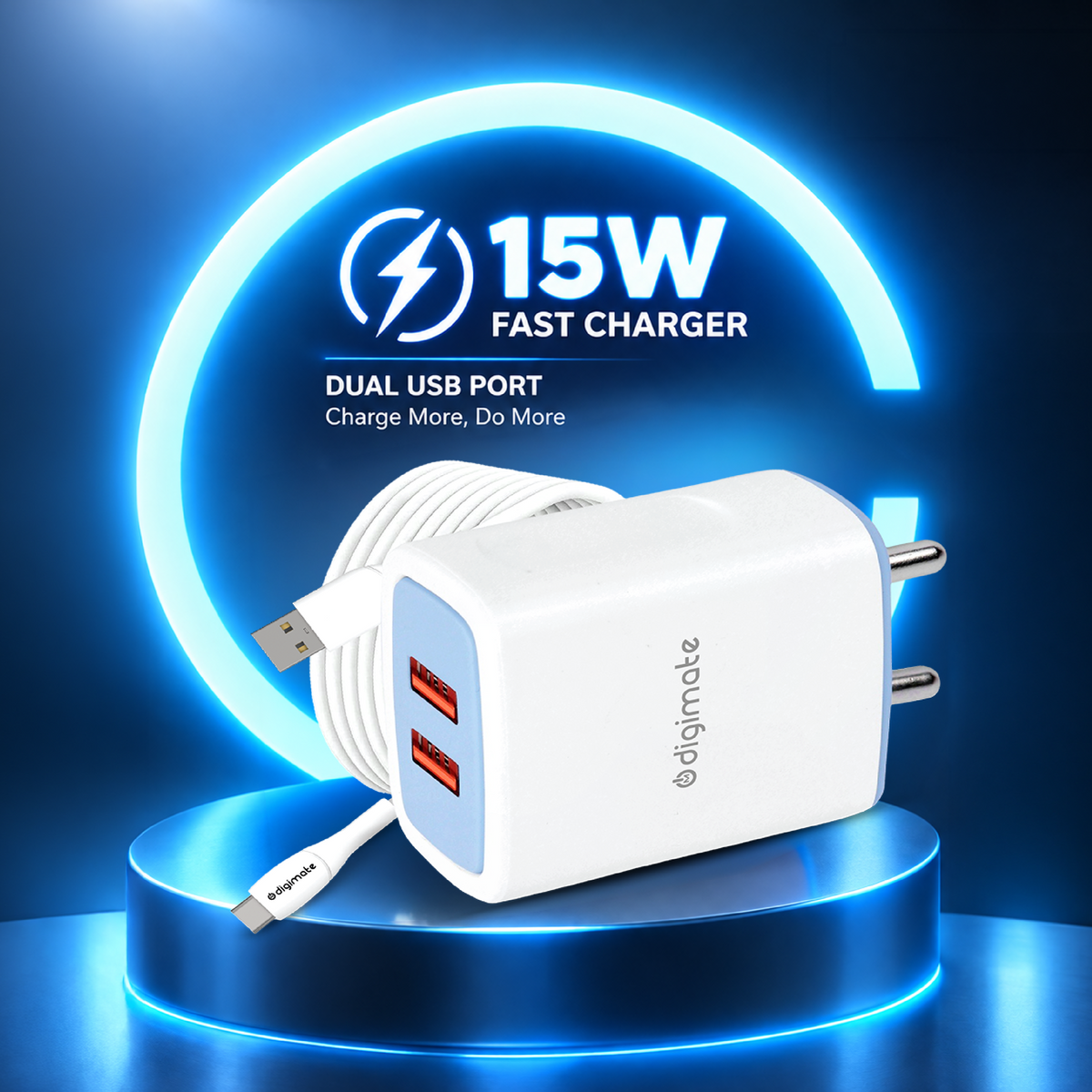 Digimate Dual Port 15W Fast Charging Adapter With Type C USB Cable (DG-DPC-V-C-1001, White)