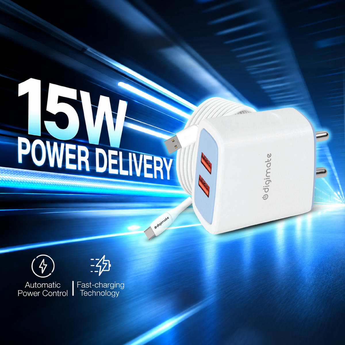 Digimate Dual Port 15W Fast Charging Adapter With Type C USB Cable (DG-DPC-V-C-1001, White)
