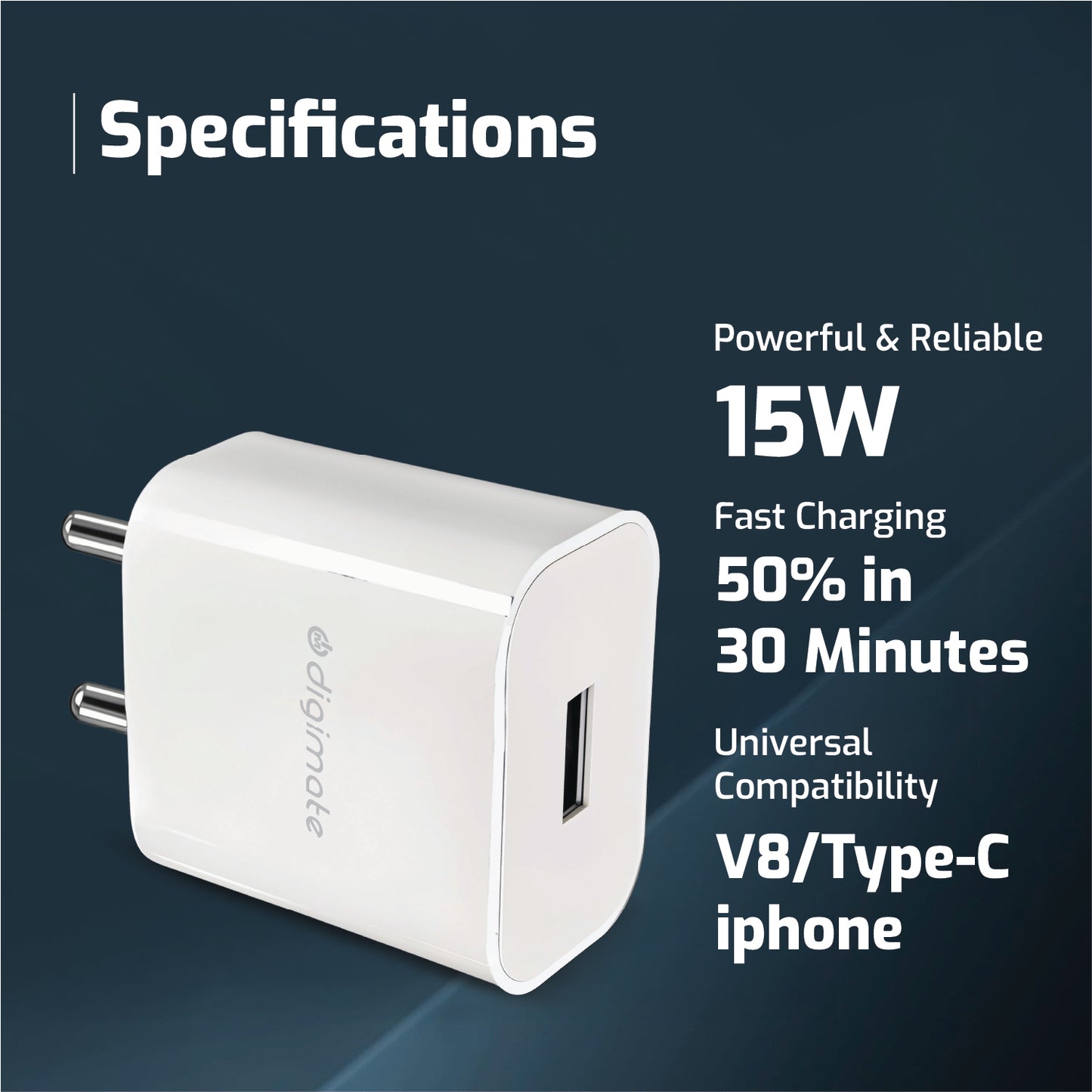 Digimate 15W Single USB Port Charger With Type-C Cable, Fast Charging Universal Compatibility (DG-ADP-1007)