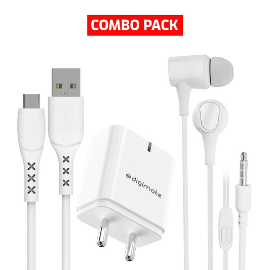 Combo Pack - Digimate 15W Quick Charge With Micro USB Cable & Jackbeat Wired Earphone with 3.5mm Jack, Tangle-Free Cable & In-Line Mic