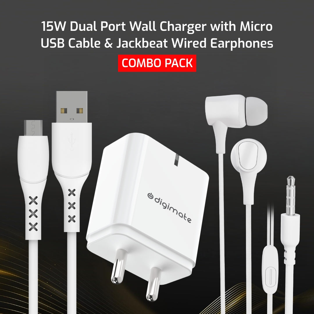 Combo Pack - Digimate 15W Quick Charge With Micro USB Cable & Jackbeat Wired Earphone with 3.5mm Jack, Tangle-Free Cable & In-Line Mic