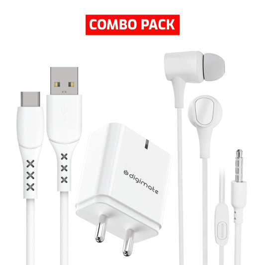 Combo Pack - Dual Port Charge 15W Wall Charger With Type C Cable & Jackbeat Wired Earphones with 3.5mm Jack, Tangle-Free Cable & In-Line Mic