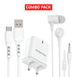 Combo Pack - Dual Port Charge 15W Wall Charger With Type C Cable & Jackbeat Wired Earphones with 3.5mm Jack, Tangle-Free Cable & In-Line Mic