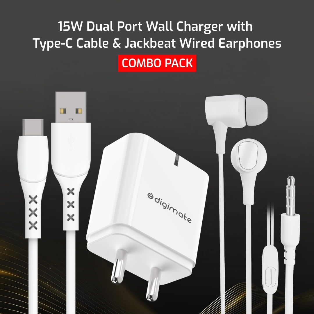 Combo Pack - Dual Port Charge 15W Wall Charger With Type C Cable & Jackbeat Wired Earphones with 3.5mm Jack, Tangle-Free Cable & In-Line Mic