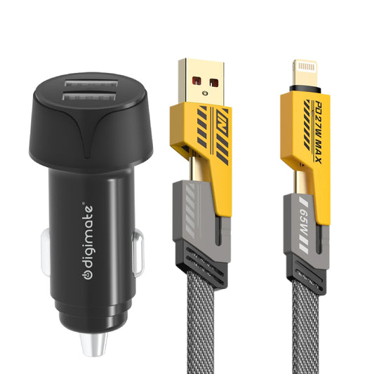 Digimate Dual Port Output Fast Charging 18W Car Charger with 4-in-1 | 65W Metal Alloy Ports Cable