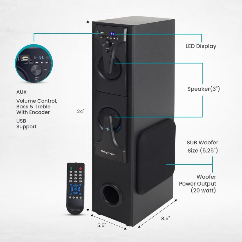 Digimate DG-TS01 60W Bluetooth Tower Speaker Wooden Cabinet, 5.25" Subwoofer, 3.0" Speaker, LED Display+Light, USB, FM, Full Control Remote with BT & Wired Karaoke Mic Support (Black, Stereo Channel)