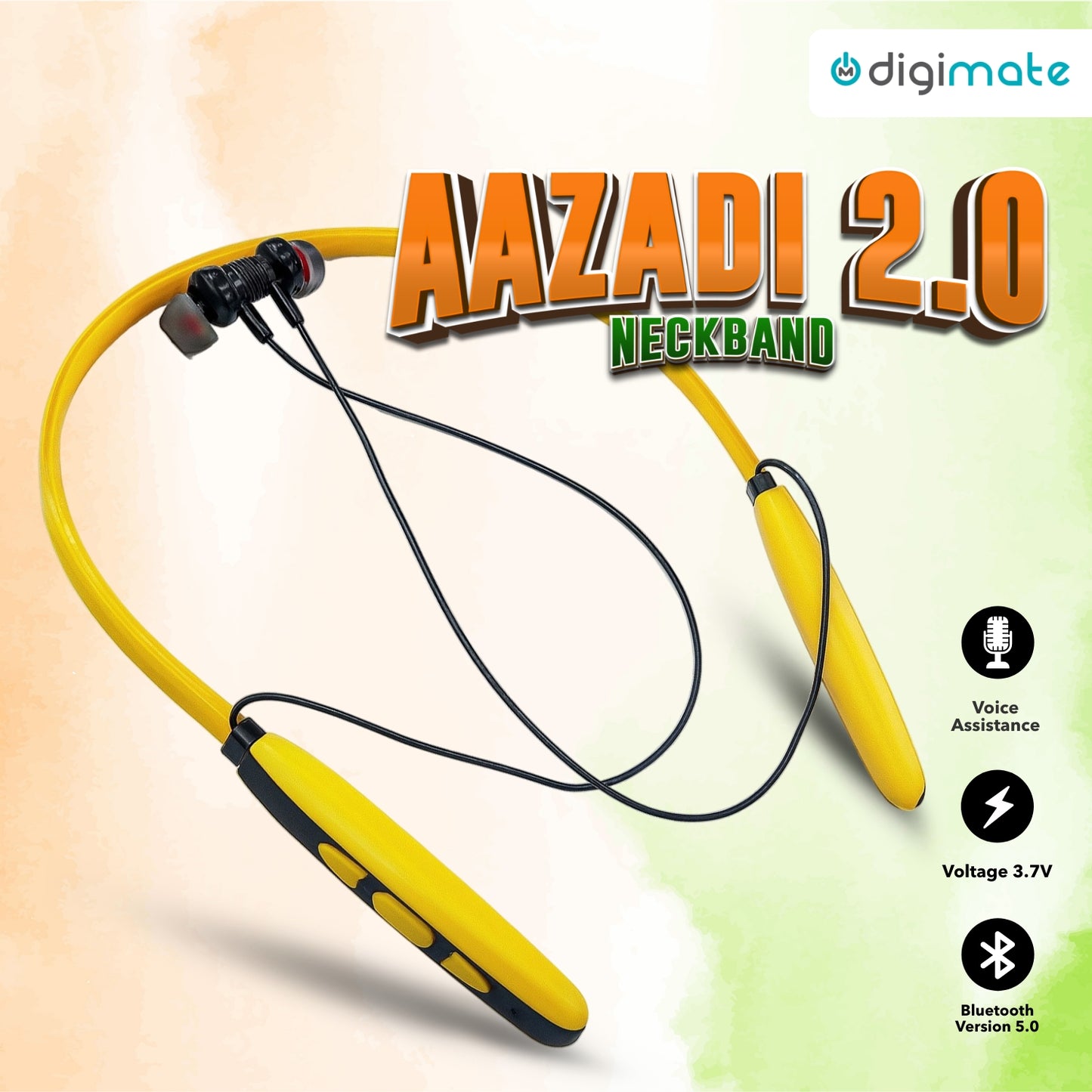 Digimate Aazadi 2.0, 30Hours Play Time Neckband, 5.0Bluetooth Voice Assistant Type-C Fast Charging With MIC (DG-NB-1010, Yellow)