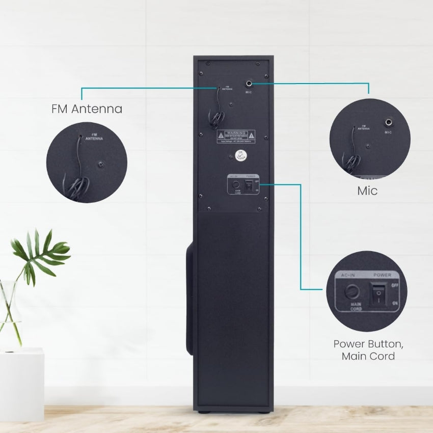Digimate DG-TS01 60W Bluetooth Tower Speaker Wooden Cabinet, 5.25" Subwoofer, 3.0" Speaker, LED Display+Light, USB, FM, Full Control Remote with BT & Wired Karaoke Mic Support (Black, Stereo Channel)