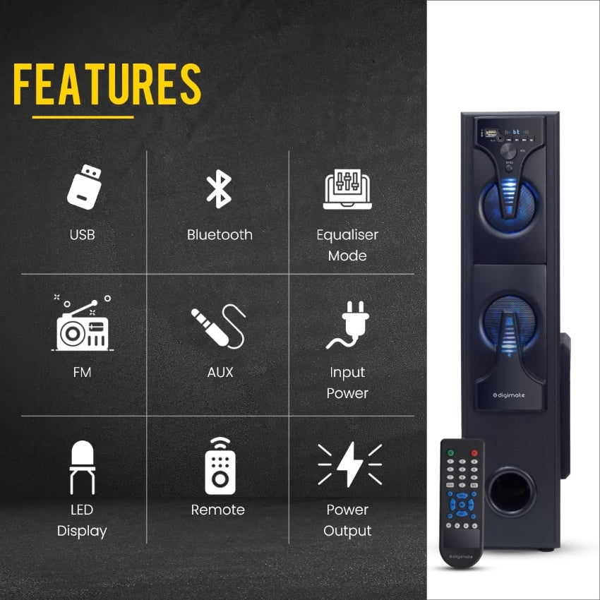 Digimate DG-TS01 60W Bluetooth Tower Speaker Wooden Cabinet, 5.25" Subwoofer, 3.0" Speaker, LED Display+Light, USB, FM, Full Control Remote with BT & Wired Karaoke Mic Support (Black, Stereo Channel)