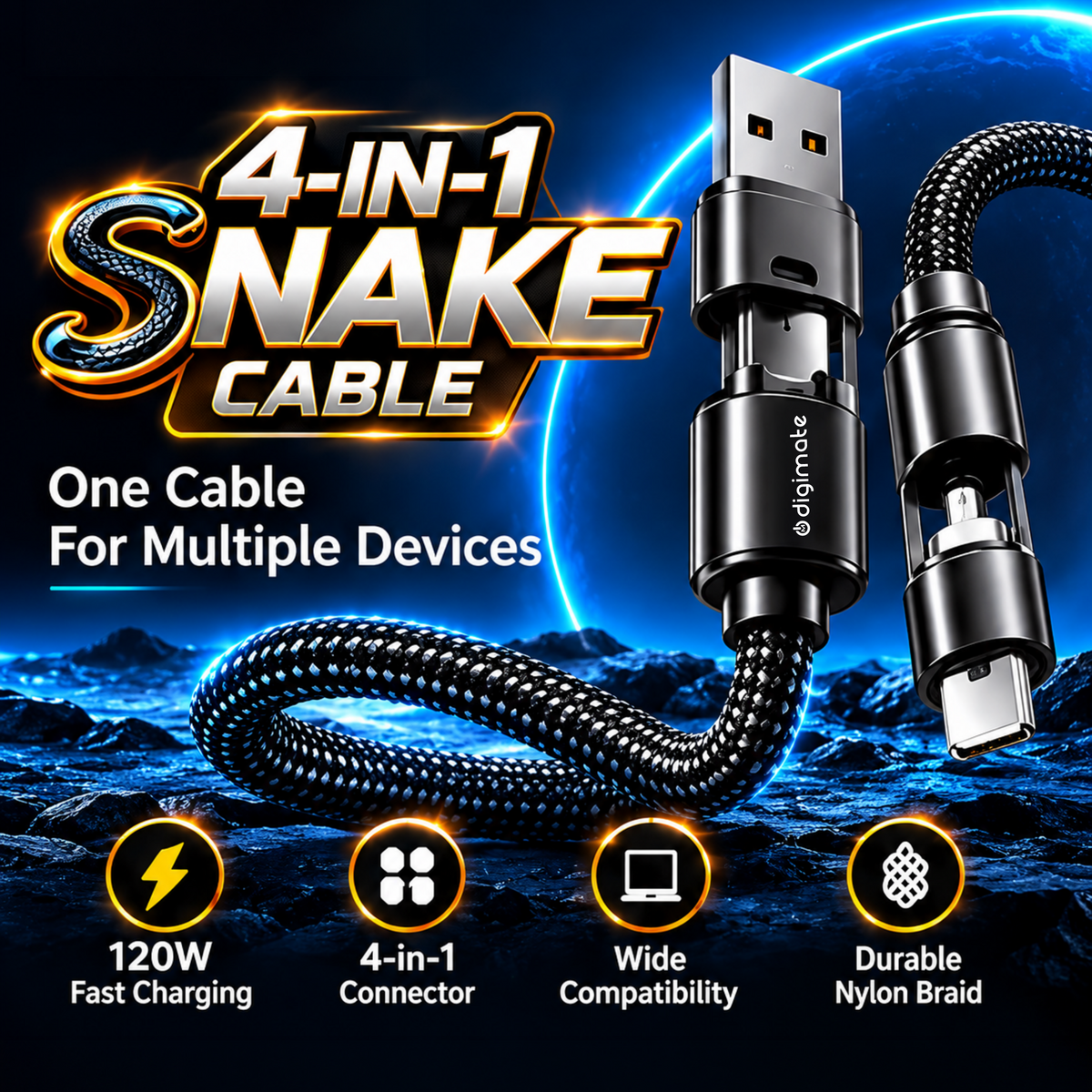 Digimate 4-in-1 Snake Cable 120W Fast Charging | Multi-Connector Braided Cable for iPhone, Samsung, OnePlus & Type-C Devices | USB-A to Type-C, Lightning & Type-C to Type-C