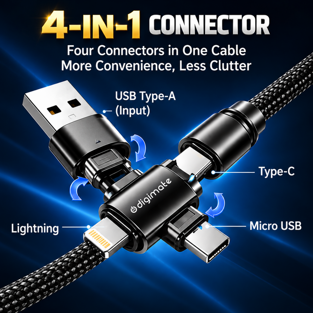 Digimate 4-in-1 Snake Cable 120W Fast Charging | Multi-Connector Braided Cable for iPhone, Samsung, OnePlus & Type-C Devices | USB-A to Type-C, Lightning & Type-C to Type-C