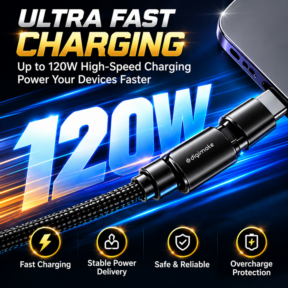 Digimate 4-in-1 Snake Cable 120W Fast Charging | Multi-Connector Braided Cable for iPhone, Samsung, OnePlus & Type-C Devices | USB-A to Type-C, Lightning & Type-C to Type-C