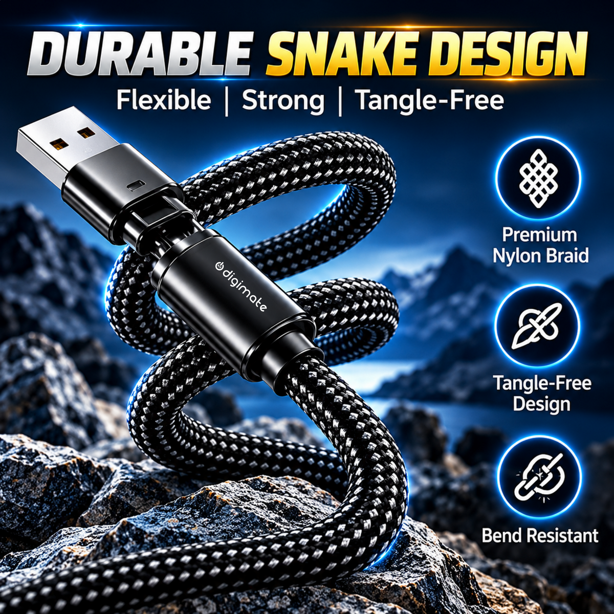 Digimate 4-in-1 Snake Cable 120W Fast Charging | Multi-Connector Braided Cable for iPhone, Samsung, OnePlus & Type-C Devices | USB-A to Type-C, Lightning & Type-C to Type-C