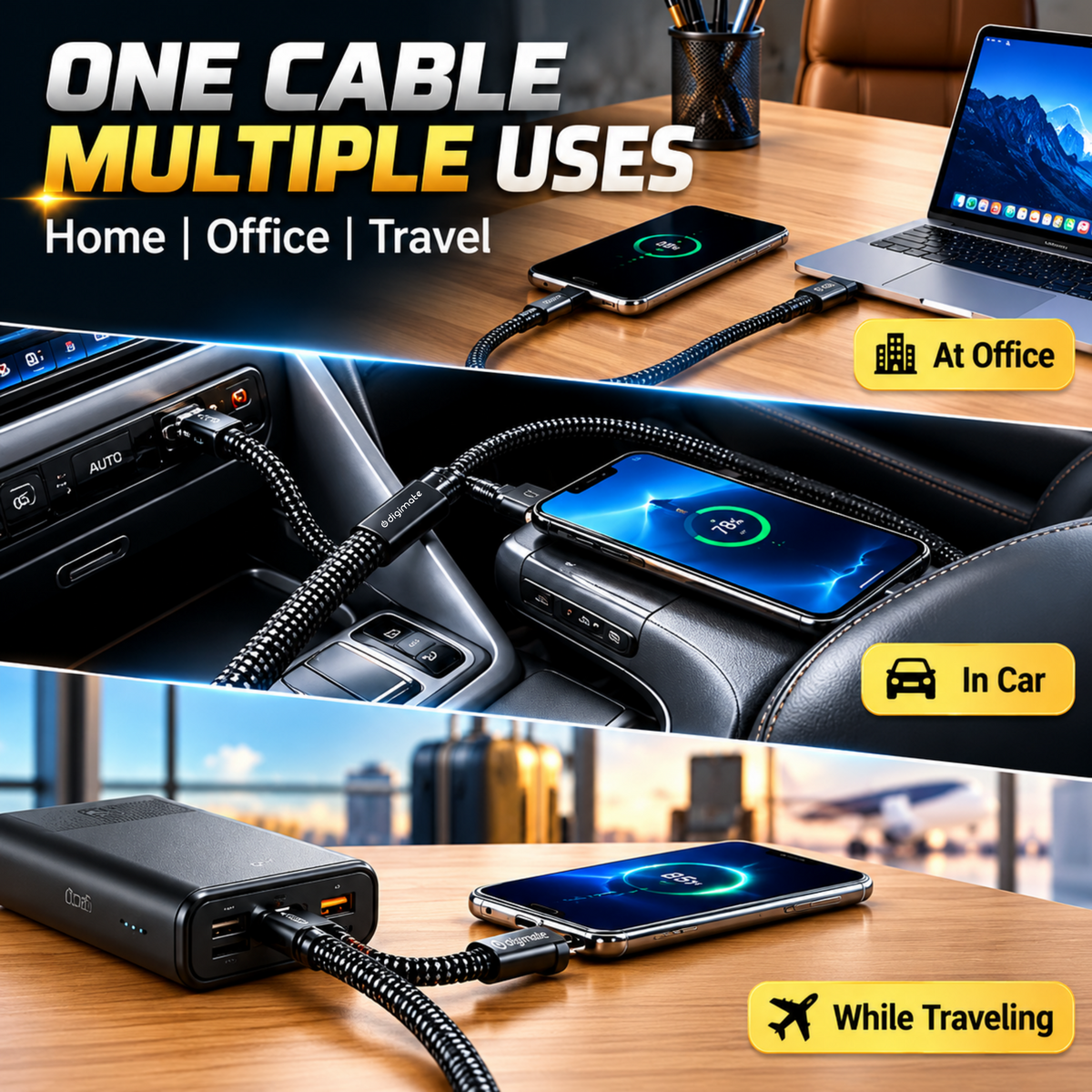Digimate 4-in-1 Snake Cable 120W Fast Charging | Multi-Connector Braided Cable for iPhone, Samsung, OnePlus & Type-C Devices | USB-A to Type-C, Lightning & Type-C to Type-C