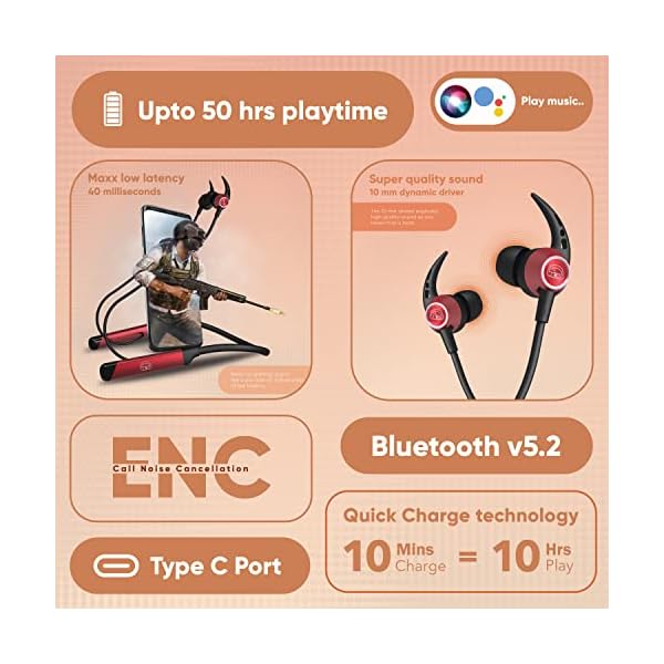 EKKO Unplug N04 Neckband: Premium ENC, 40ms Latency, Max Bass, Twin Connect, Siri & Google Assistant (Red)
