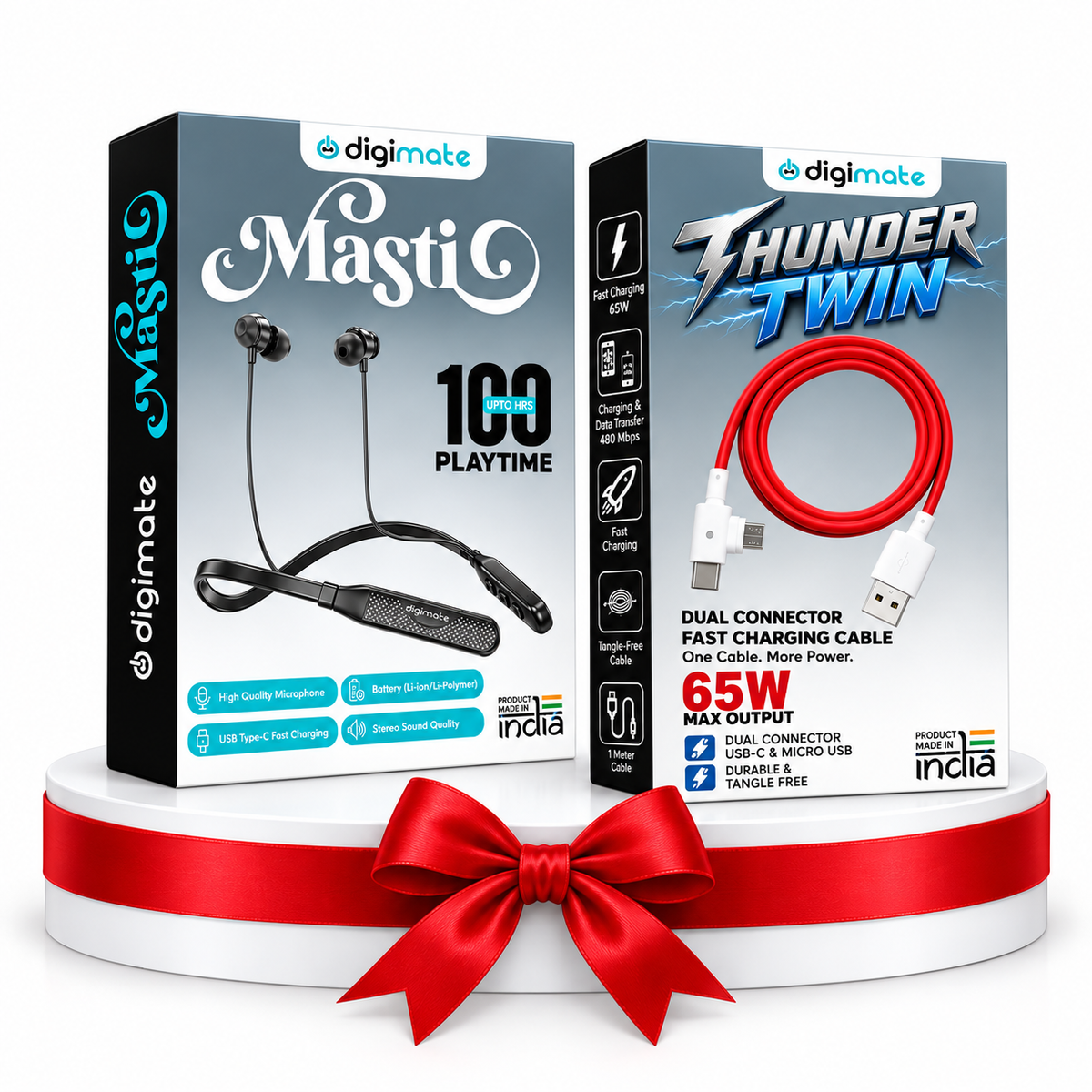 Digimate Masti Wireless Neckband with Thunder Twin 65W Fast Charging Cable | 100H Playtime | Bluetooth 5.0 | IPX5 | USB Type-C | Dual Connector Cable
