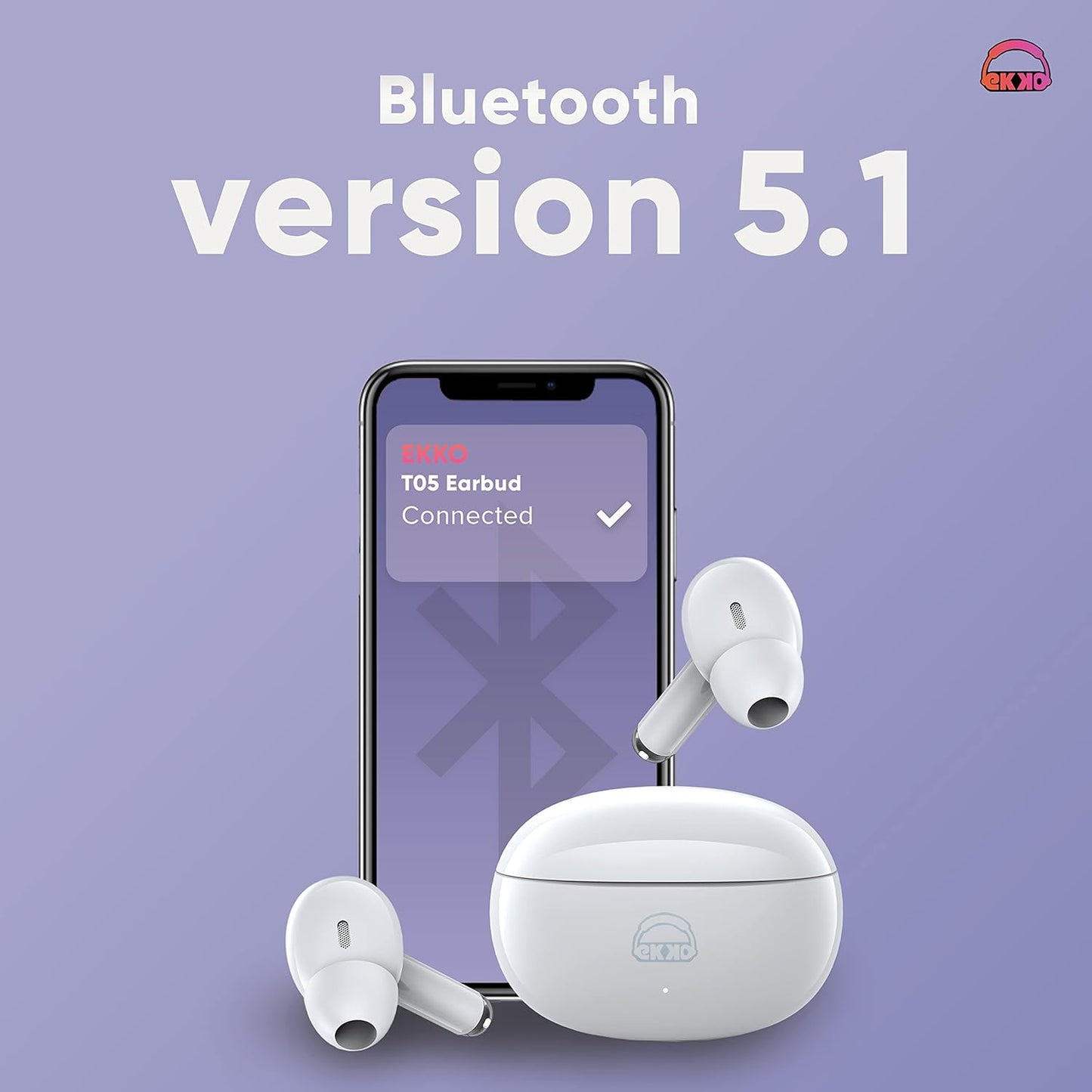 EKKO Earbeats T05 TWS: ENC Call Noise Cancellation, Twin Connect, 10MM Driver, Massive Bass, Water Resistance, Siri & Google Assistant (White)