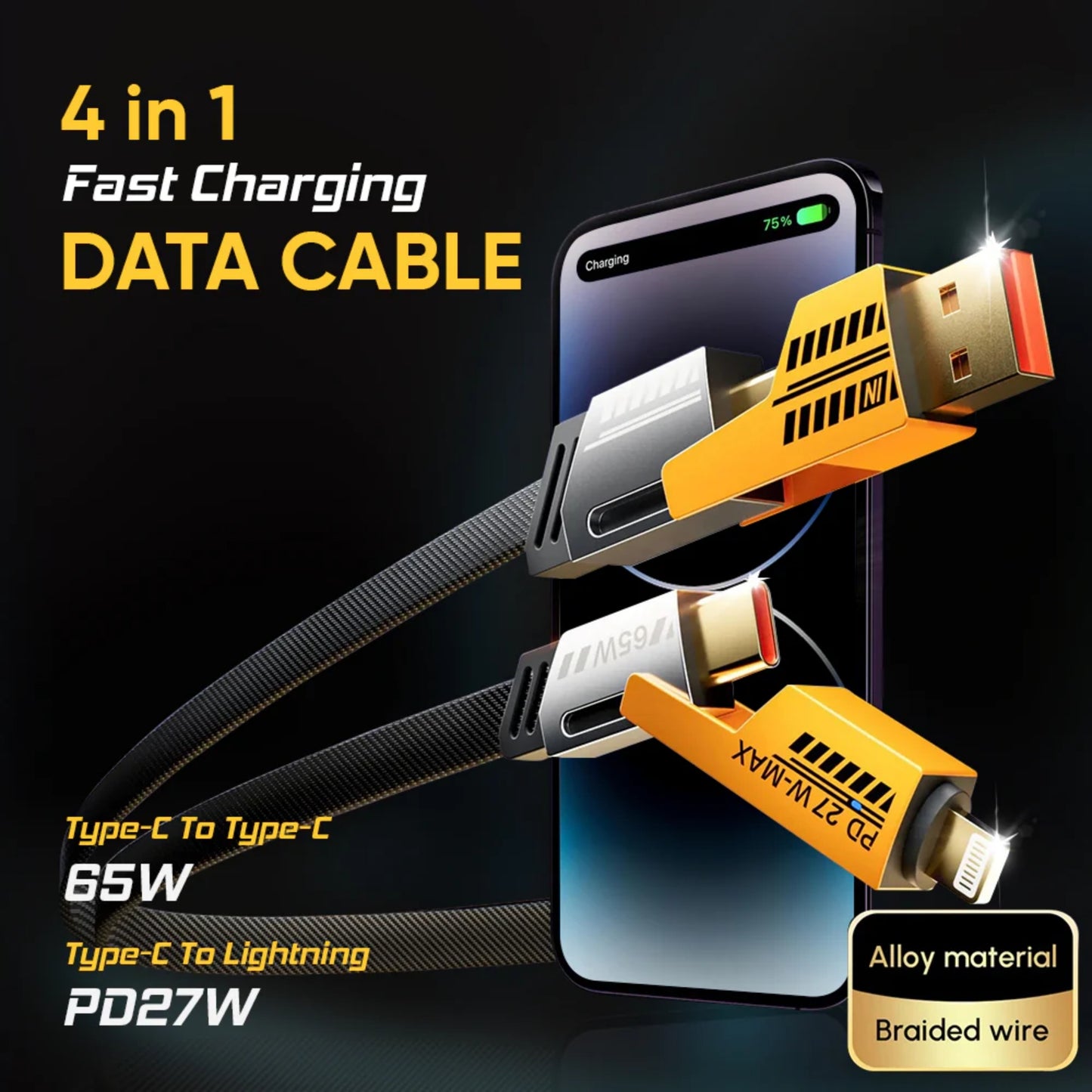 Digimate Dual Port Output Fast Charging 18W Car Charger with 4-in-1 | 65W Metal Alloy Ports Cable