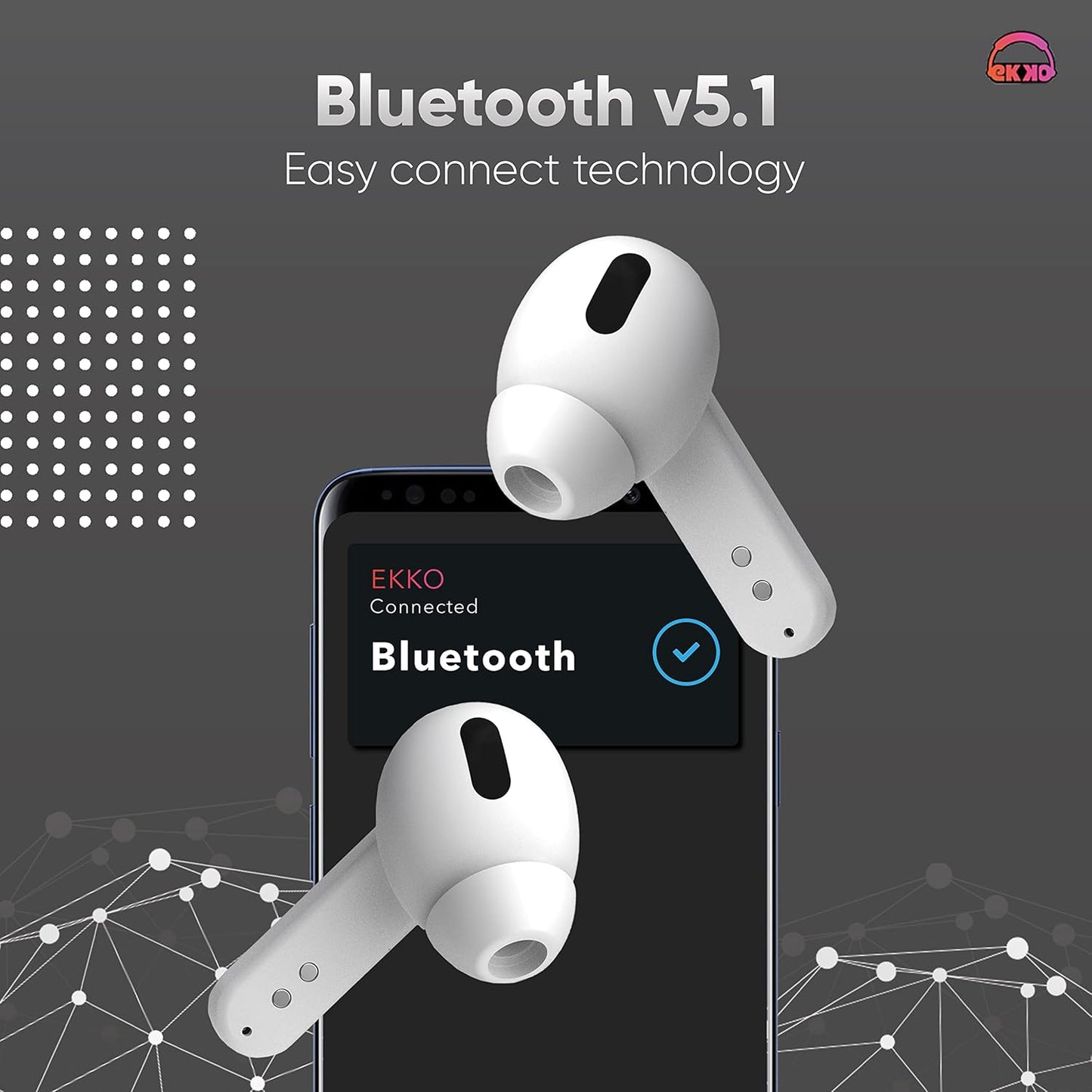 EKKO Earbeats T04 TWS: ENC Call Noise Cancellation, 50H Playtime, 10MM Driver, Twin Connect, Type-C Fast Charging, Siri & Google Assistant