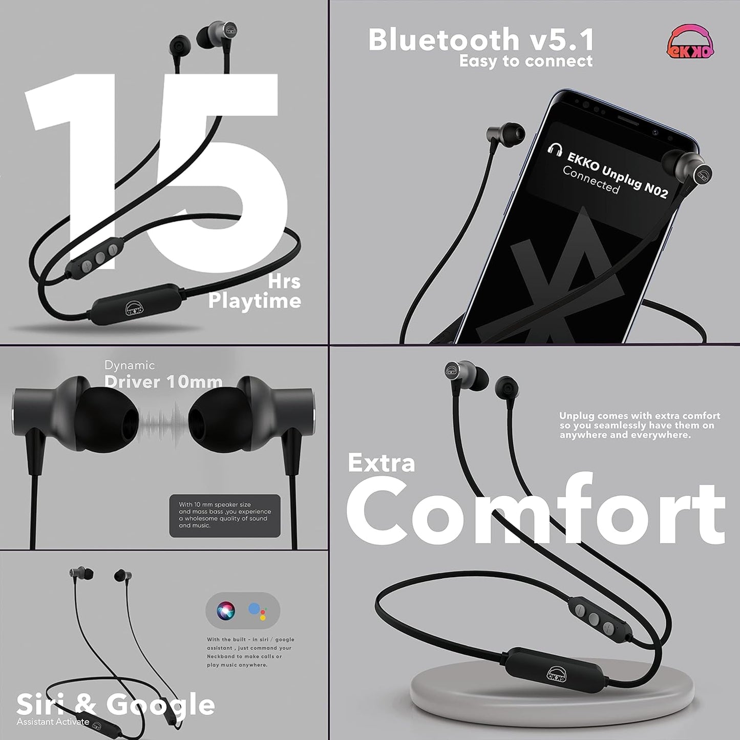 EKKO Unplug N02 Neckband, 15 Hours Playback Time with Super Sound Heavy Bass, Max BASS, Twin Connect, Siri & Google Assistant Activate