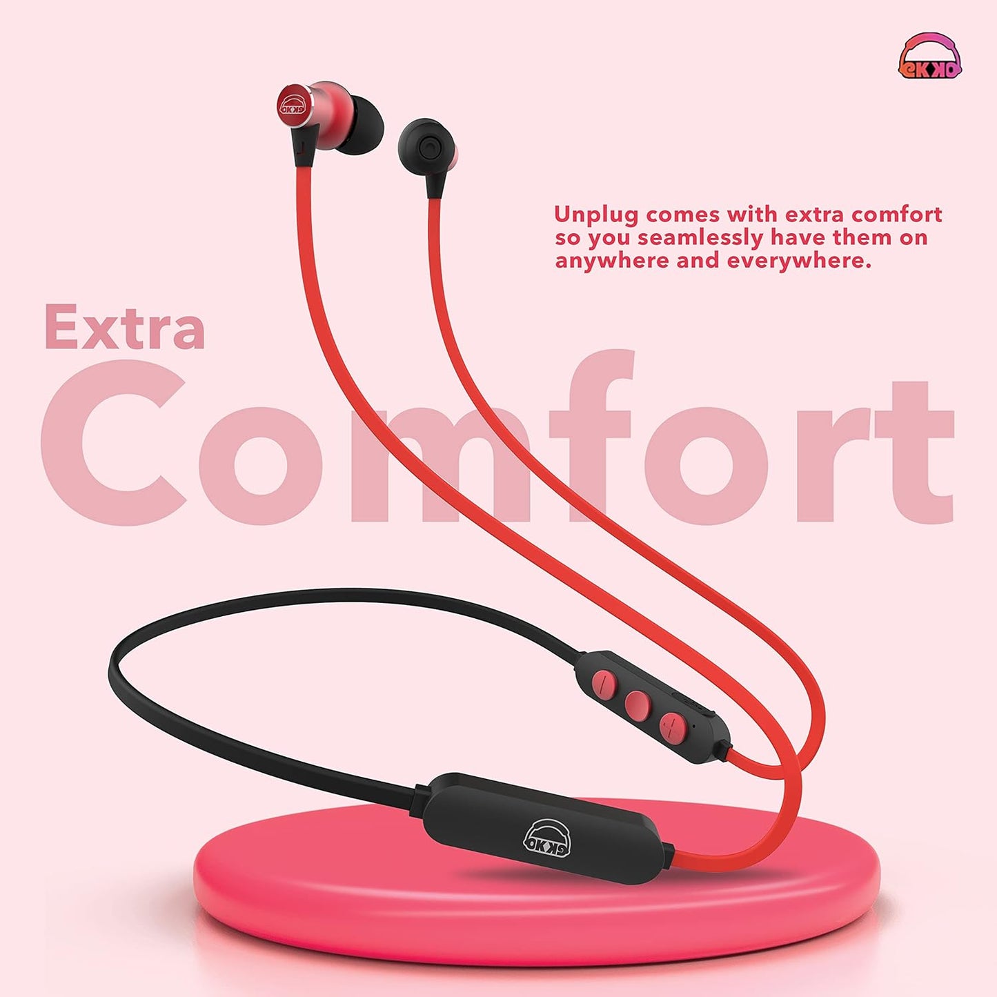 EKKO Unplug N02 Neckband with Super Sound Heavy Bass, Playback time Upto 15 Hours, Max BASS, TwinConnect, Siri & Google Assistant Activate (Red)