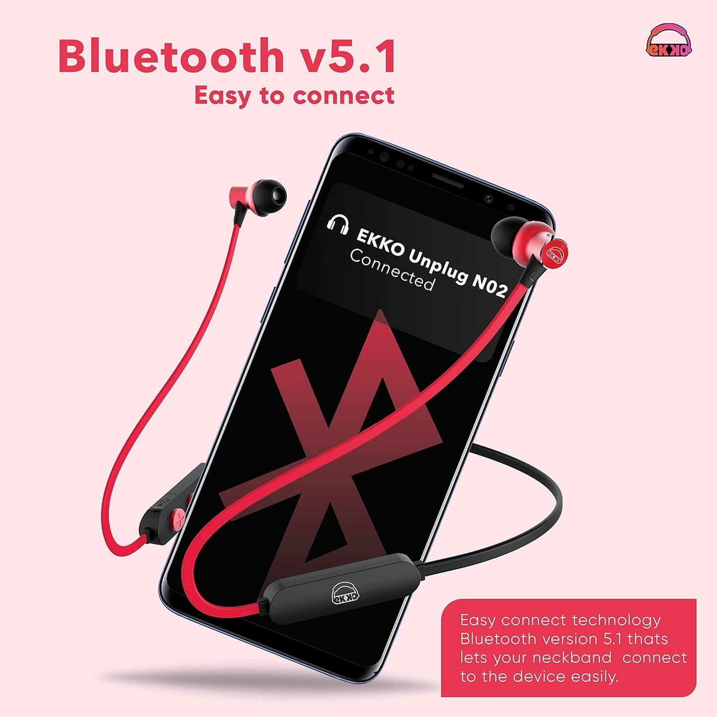 EKKO Unplug N02 Neckband with Super Sound Heavy Bass, Playback time Upto 15 Hours, Max BASS, TwinConnect, Siri & Google Assistant Activate (Red)