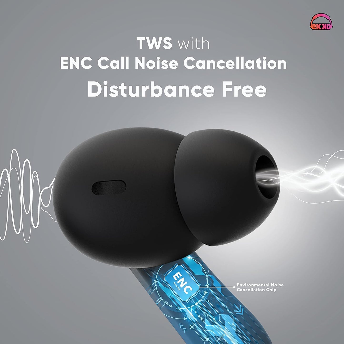 EKKO Earbeats T06: 10MM Driver, ENC Call Noise Cancellation, Touch Control, Massive Bass, IPX4 Water Resistancel TWS, Upto 60H Playtime, with Mic, Massive Bass, IPX4 Water Resistance (Black)