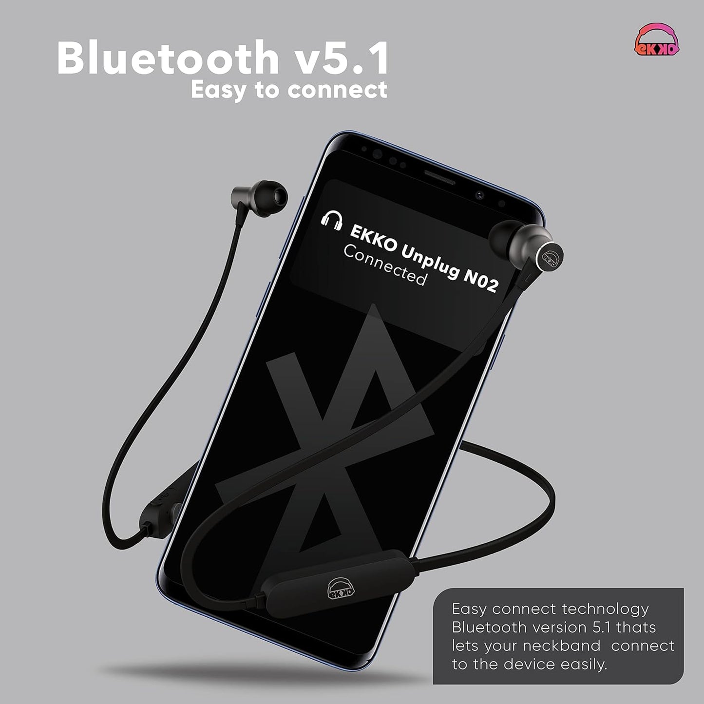 EKKO Unplug N02 Neckband, 15 Hours Playback Time with Super Sound Heavy Bass, Max BASS, Twin Connect, Siri & Google Assistant Activate